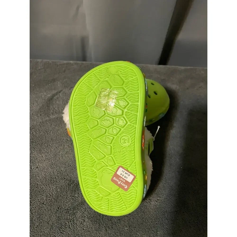 Cozy Lime Green Dinosaur Kids Faux-Fur Lined Slip-On Clogs light up NWOT